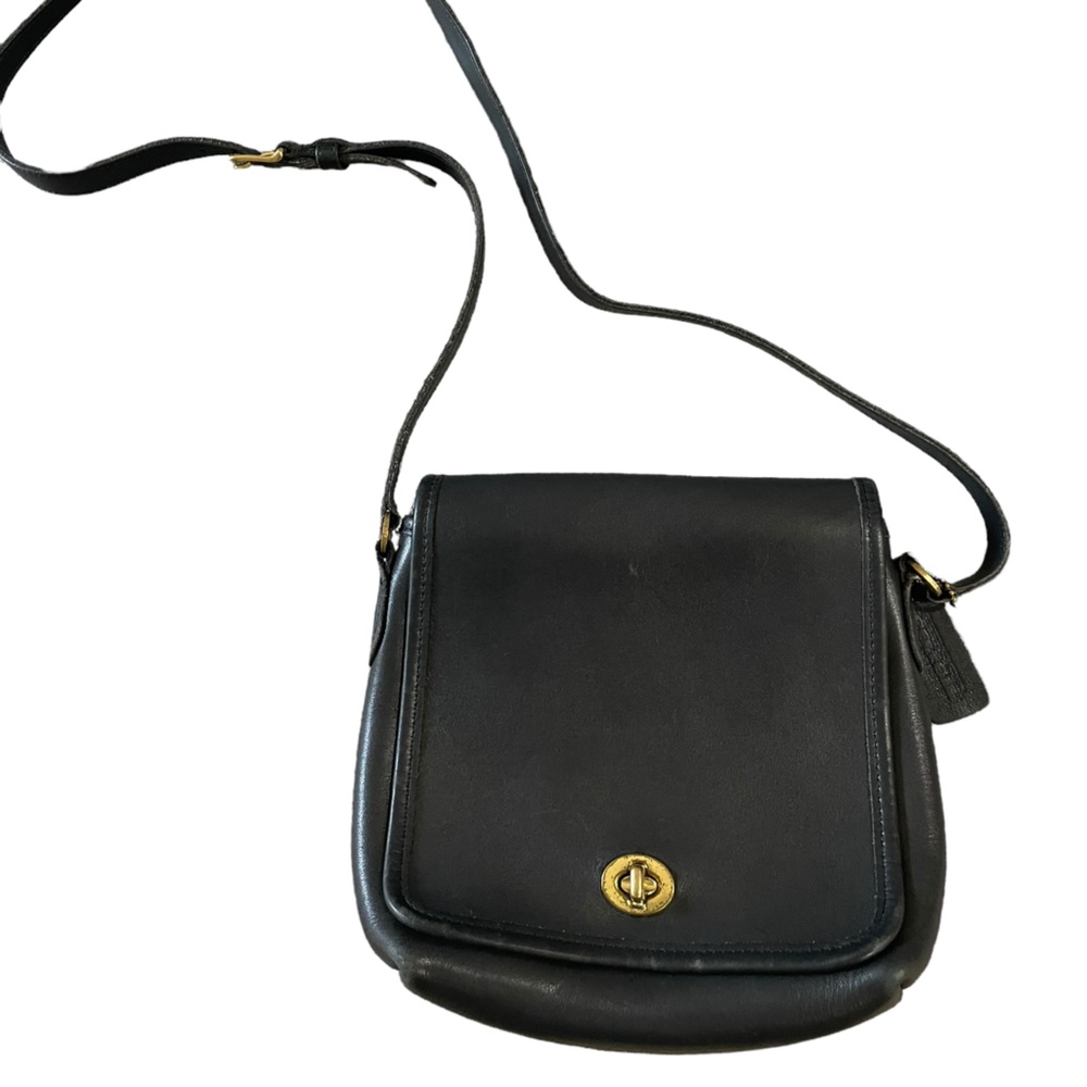 Vintage COACH Black Leather Compact Pouch Messenger Flap Shoulder Bag